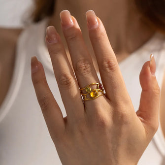 18K Gold-Plated Ring with Yellow and Red Gemstones Gold One Size