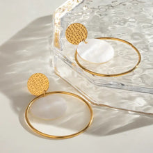 18K gold-plated shell disc hoop drop earrings with mother-of-pearl discs