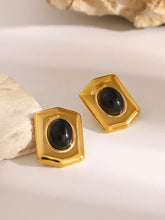 18K gold-plated stainless steel earrings with black oval agate stones