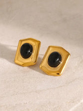 18K gold-plated stainless steel rectangular stud earrings with black agate ovals