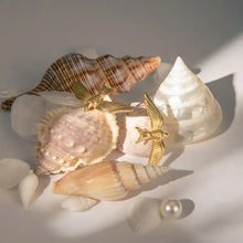 Golden swallow bird stud earrings in 18k gold-plated stainless steel with pearl among seashells