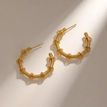 18K gold-plated stainless steel bamboo-shaped hoop earrings with textured wrapped design