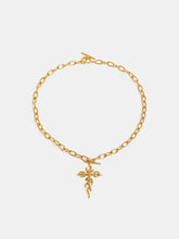 18K gold-plated stainless steel cross necklace with leaf-motif pendant