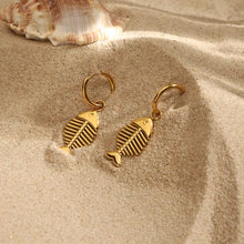 18k gold-plated stainless steel fish bone drop earrings with textured scales