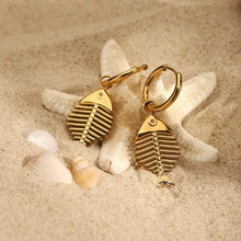 18k gold-plated stainless steel fish bone drop earrings with textured scales