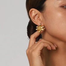 18k gold-plated stainless steel flower earrings with gemstone center