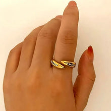 18k gold-plated stainless steel inlaid rhinestone twisted ring with pavé-set gold-toned bypass design