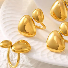 Shiny 18k gold-plated stainless steel irregular bypass ring with golden mushroom and teardrop motifs