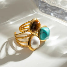 18k gold-plated stainless steel open ring with tigers eye, pearl, turquoise