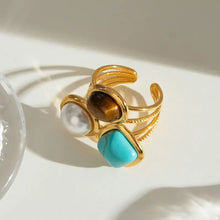 18k gold-plated stainless steel open ring with tiger’s eye, pearl, turquoise