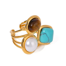 18k gold-plated stainless steel open ring with tigers eye, pearl, turquoise
