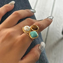 18k gold-plated stainless steel open ring with tigers eye, pearl and turquoise