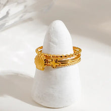 3-piece 18K gold-plated shell design ring with seashell and starfish charms