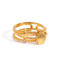18k gold-plated stainless steel shell design ring set with seashell and starfish stacking rings