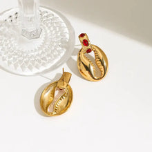 18k gold-plated stainless steel shell shape earrings with red gemstones