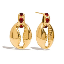 18k gold-plated stainless steel shell shape earrings with red gemstones