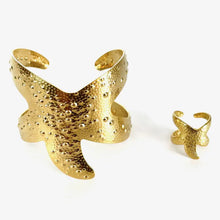 18K gold-plated starfish open bracelet and ring set