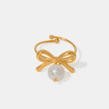 18k gold-plated steel pearl bow ring with dangling baroque pearl