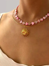 18K gold-plated 2-piece necklace with pink heart beads choker and sun pendant