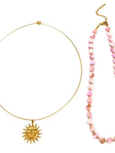18K gold-plated sun pendant and pink heart beads necklace set