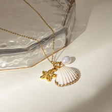 18K gold-plated synthetic pearl shell necklace with starfish and seashell pendant