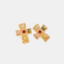 18K gold-plated zircon cross earrings with colorful oval gemstones