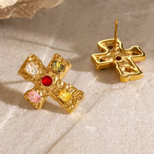 18K gold-plated zircon cross earrings with textured X design and colorful gems