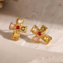 18K gold-plated zircon cross earrings with colorful gemstones