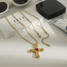 18k gold-plated zircon cross pendant necklace with red gemstone