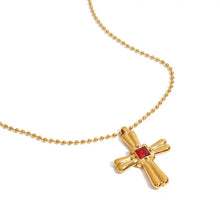 18k gold-plated zircon cross pendant necklace with red gemstone