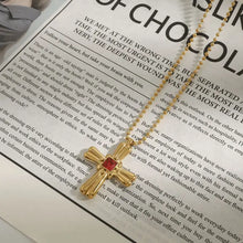 18k gold-plated zircon cross pendant necklace with red gemstone