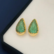 18K gold-plated zircon teardrop earrings with green pavé gemstones