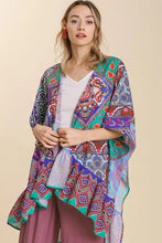 Umgee Full Size Mixed Print Ruffle Hem Open Front Cover Up Plus Size Turquoise