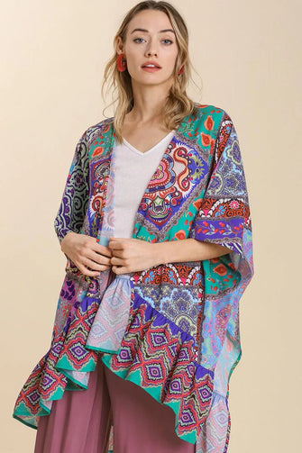 Umgee Full Size Mixed Print Ruffle Hem Open Front Cover Up Plus Size Turquoise