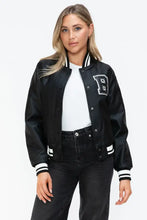 Love Me Now PU Leather Contrast Snap Down Bomber Jacket Woman Outerwear