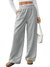 Gray heathered wide leg casual pants with lace trim at the waistband for comfortable everyday wear