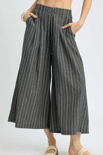 Umgee pinstripe crop wide-leg palazzo pants in dark gray and white vertical stripes with textured fabric and front pockets