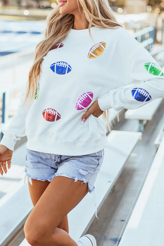 Football Round Neck Long Sleeve Sweatshirt White Woman Sweatshirts