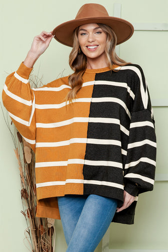 Striped Dropped Shoulder Round Neck Blouse Stripe Woman Sweatshirts