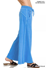 Classic blue wide-leg zenana pants with elastic waistband in french terry pigment dye and enzyme wash fabric