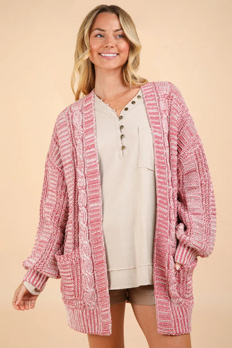 VERY J Cable Knit Open Front Cardigan Brick Woman Outerwear