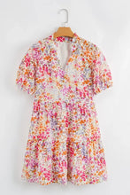 Floral Puff Sleeve Notched Tiered Mini Dress Woman Casual Dress