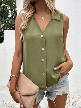 Full Size Johnny Collar Button Up Tank Yellow-Green Tanks & Camis