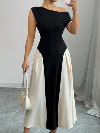 Contrast Single Shoulder Midi Dress Black Casual Dresses