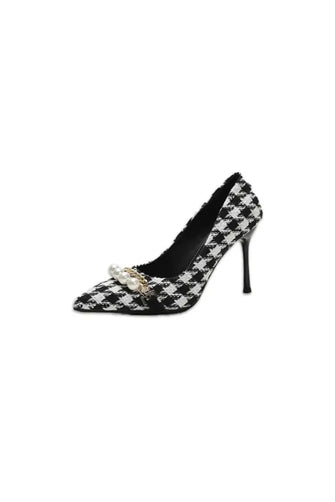 Plaid Pearl Detail Point Toe Stiletto Pumps White woman pumps