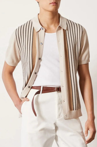 Men's Plus Size Striped Button Up Short Sleeve Shirt Beige