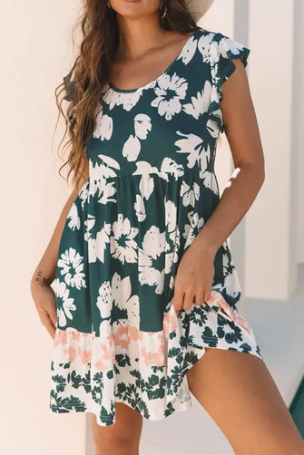 Floral Print Ruffle Sleeve Empire Waist Mini Dress Dark Green Casual Dresses
