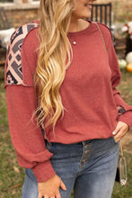 Plus Size Geometric Round Neck Long Sleeve Sweatshirt Rust