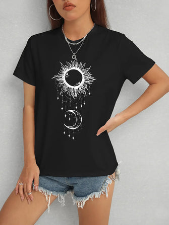 Sun & Moon Graphic Round Neck T-Shirt Black
