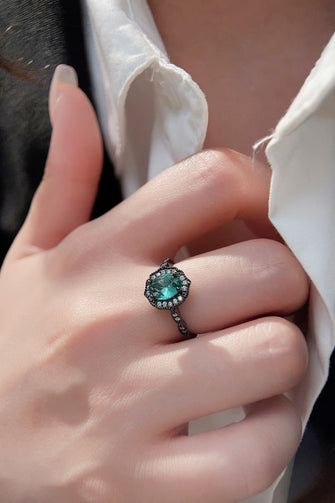 925 Sterling Silver Paraiba Blue Zircon 4-Prong Ring Black